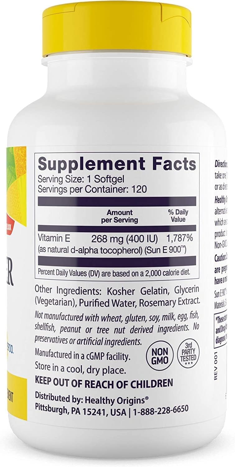 Healthy Origins Vitamin E, 400 IU Sunower (Sun E 900) - Vitamin E Supplement - Hair, Skin & Nails Vitamins - Non-GMO & Gluten-Free Supplement - 120 Softgels