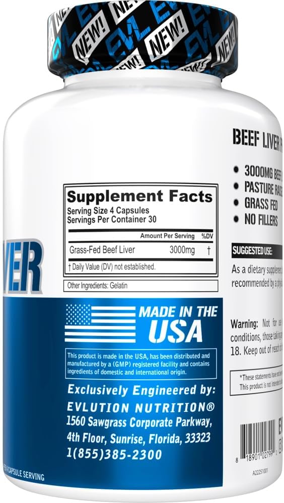 Evlution Grass Fed Beef Liver Capsules - Pasture Raised Desiccated 3000Mg - Supplement For Energy Immunity And Liver Support - Iron Rich Beef Organ Supplement For Men And Women (30 Servings)