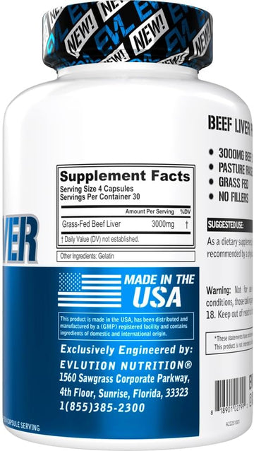 Evlution Grass Fed Beef Liver Capsules - Pasture Raised Desiccated 3000Mg - Supplement For Energy Immunity And Liver Support - Iron Rich Beef Organ Supplement For Men And Women (30 Servings)
