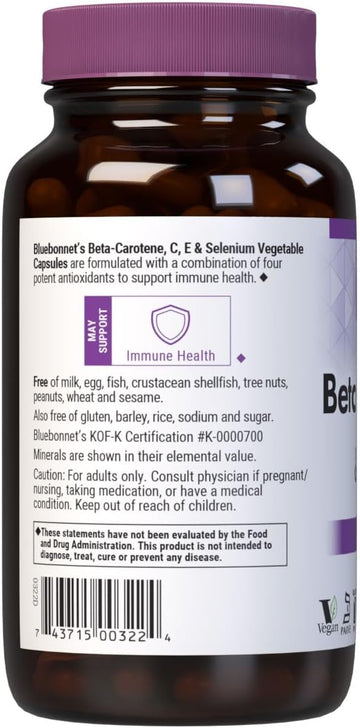 Bluebonnet Beta Carotene C And E Plus Selenium Vegetarian Capsules, 120 Count, White