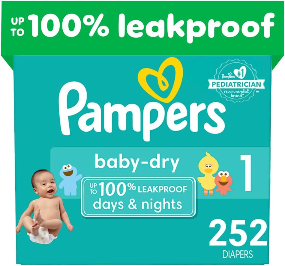 Pampers Baby Dry Diapers - Size 1, One Month Supply (252 Count), Absorbent Disposable Diapers