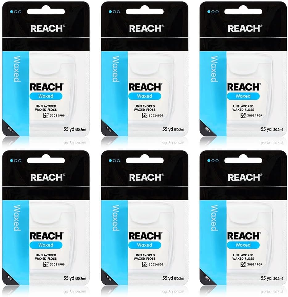 Reach Waxed Dental Floss Bundle | Effective Plaque Removal, Extra Wide Cleaning Surface | Shred Resistance & Tension, Slides Smoothly & Easily, PFAS Free | Unflavored, 55 YD, 6pk