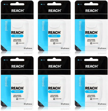 Reach Waxed Dental Floss Bundle | Effective Plaque Removal, Extra Wide Cleaning Surface | Shred Resistance & Tension, Slides Smoothly & Easily, PFAS Free | Unflavored, 55 YD, 6pk