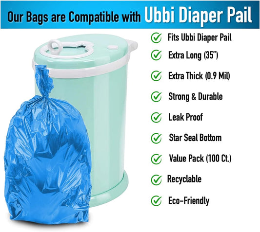Disposable Diaper Pail Refill Plastic Bag (100 Count) Compatible With Ubbi Diaper Bag Pail 13 Gal Capacity Diaper Pail Bag Fits 8 Gallon Medium Kitchen Trash Bag Heavy Duty Large Garbage Bag, 100 Bags