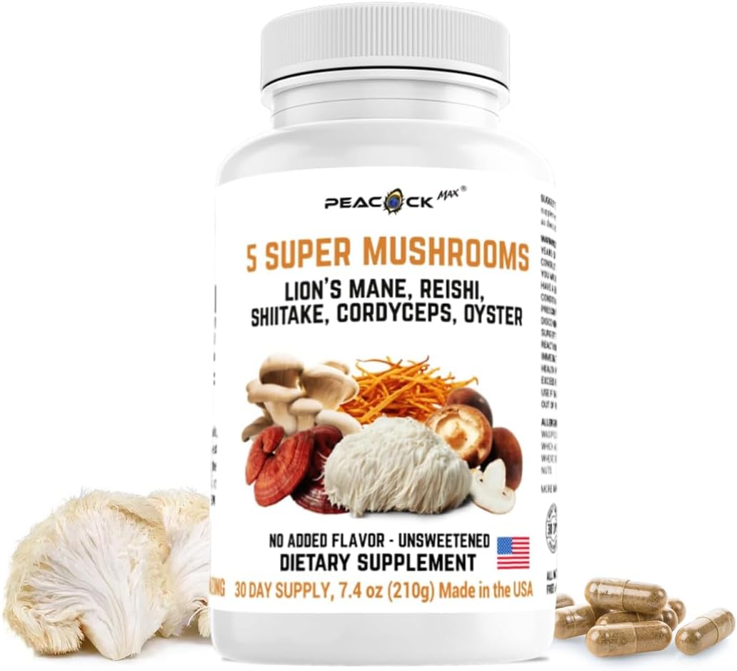 5 Mushrooms Supplement, 180 Count – Lion'S Mane, Reishi, Shiitake, Cordyceps, Oyster Immune & Brain Supplement For Memory And Focus, Dietary Supplement For Energy