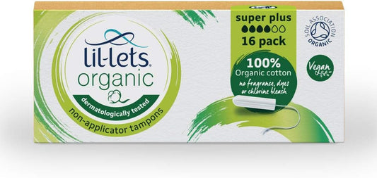 Lil-Lets Organic Non-Applicator Super Plus Tampons, 16 Count (Pack of 1), for Heavy Flow, Made with 100% Organic Cotton, GOTS Certified Vegan Organic Tampons, Plastic Free Period Care