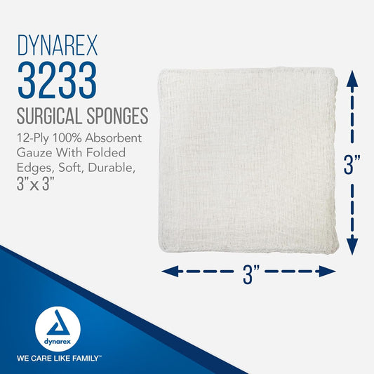 Dynarex Surgical Gauze Sponges- Absorbent Cotton Fabric With Folded Edges - Soft, Durable, Non-Sterile Dressing - 3X3, 12-Ply - Sleeve Of 200 Sponges