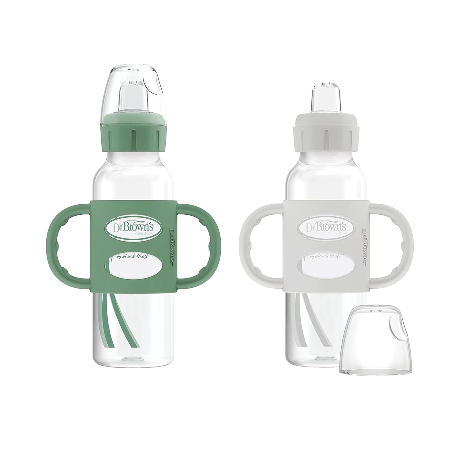 Dr. Brown'S Milestones Narrow Sippy Spout Bottle With 100% Silicone Handles, Easy-Grip Handles With Soft Sippy Spout, 8Oz/250Ml, Green & Gray, 2-Pack, 6M+