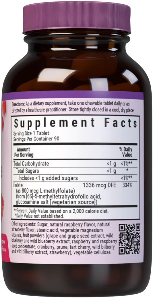 Bluebonnet Earthsweet Methylfolate 800 Mcg Cellular Active Coenzyme 5-Mthf L Methyl Folate Supplement - Prenatal & Energy Support* - Non-Gmo, Vegan, Gluten-Free - Raspberry - 90 Chewable Tablets