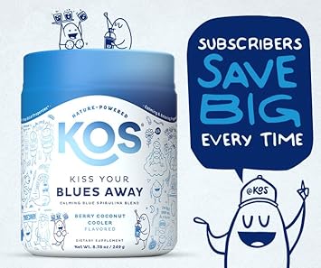 KOS Calming Blue Spirulina Blend- USDA Certified Organic - Algae Superfood Powder with Ashwagandha Root, Lemon Balm, Reishi Mushroom, B Vitamins - Berry Coconut Cooler Flavor, 28 Servings : Health & Household