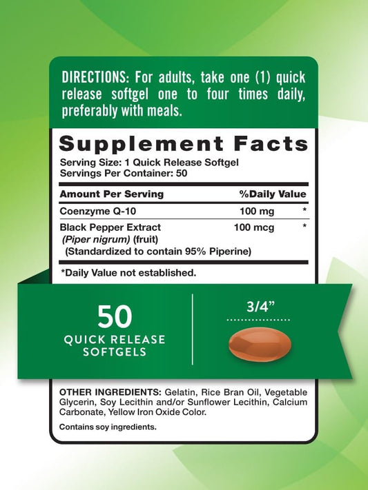 Coq10 100Mg | 50 Softgels | Enhanced Absorption Supplement | Plus Black Pepper Extract | Non-Gmo And Gluten Free Formula | By Nature'S Truth