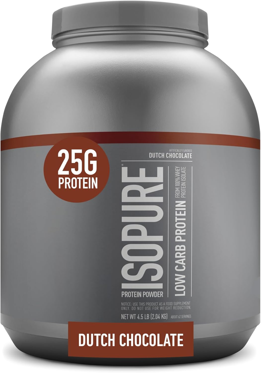 Isopure Low Carb 100% Pure Whey Isolate Protein Powder, Lactose Free, Gluten Free, With Vitamins, Dutch Chocolate, 25G Protein Per Serving, 4.5 Lbs, 62 Servings