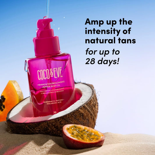 Coco & Eve Firming & Tan Prolonging Peptide Body Oil. Up To 28 Days Natural Tan Extender. After Sun Care With Tropical Oils, Vitamins C & E For Nourished, Glowy & Visibly Firmer Skin. (170Ml)