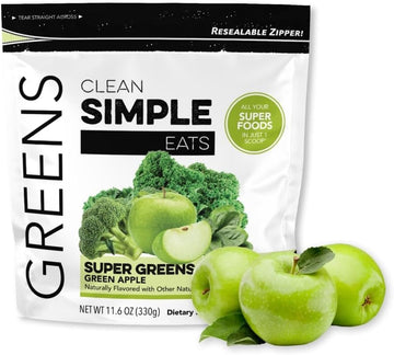 Clean Simple Eats Green Apple Greens Powder Mix, Greens Superfood Powder Smoothie & Juice Mix, Gluten Free, Includes Powerhouse Superfoods Chlorella & Spirulina Powder Organic (30 Servings)