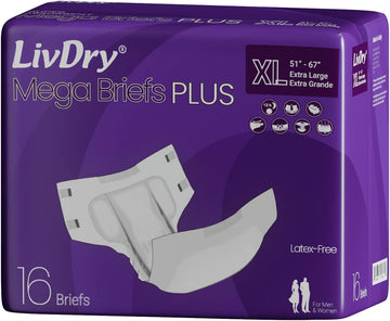 Livdry Megabriefs Xl Adult Diapers With Tabs, Max 12-Hour Capacity, Super Absorbent Incontinence Underwear, Leak Protection Briefs, Extra Large, 16-Pack