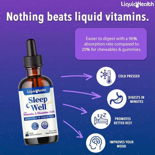 Liquidhealth Sleep Well 2 Oz Liquid Melatonin, L-Theanine Supplement & Natural Sleep Aid, Fall Asleep Faster, Stay Asleep Longer, Vegan, Sugar Free, Non-Gmo Sleep Spray Drops - 2 Pack