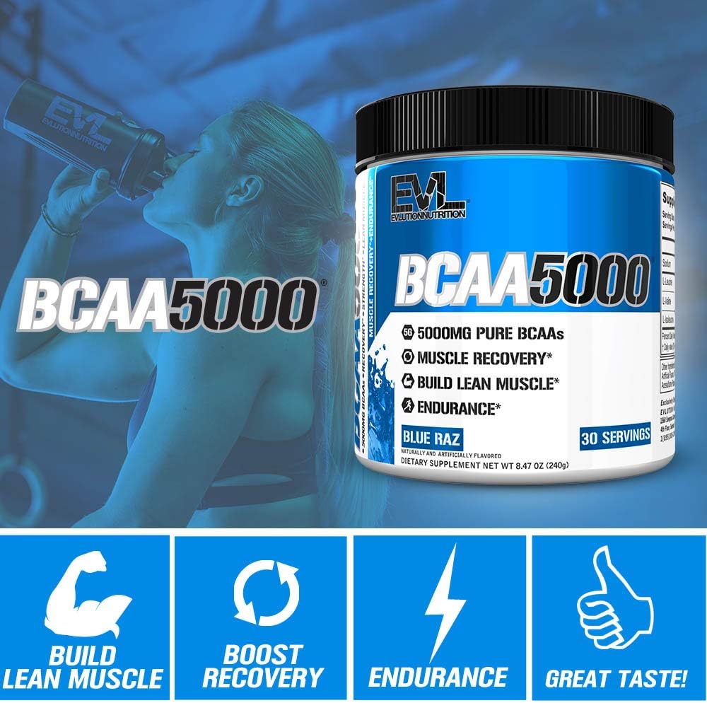 Evlution EVL BCAAs Amino Acids Powder - BCAA Powder Post Workout Recovery Drink and Stim Free Pre Workout Energy Drink Powder - 5g Branched Chain Amino Acids Supplement for Men - Blue Raz : Health & Household