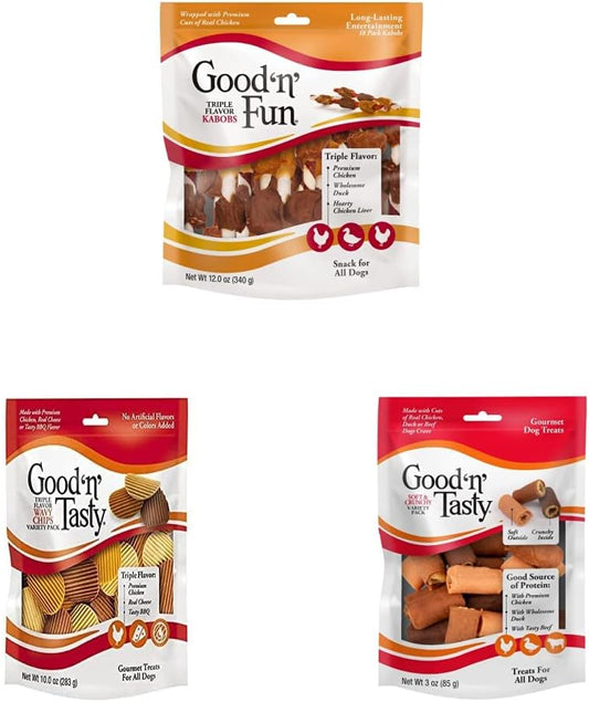 Good'n'Fun Triple Flavored Rawhide Kabobs for Dogs 12oz, Good 'n' Tasty Wavy Chips 10 oz, Good 'n' Tasty Soft & Crunchy 3oz : Pet Supplies
