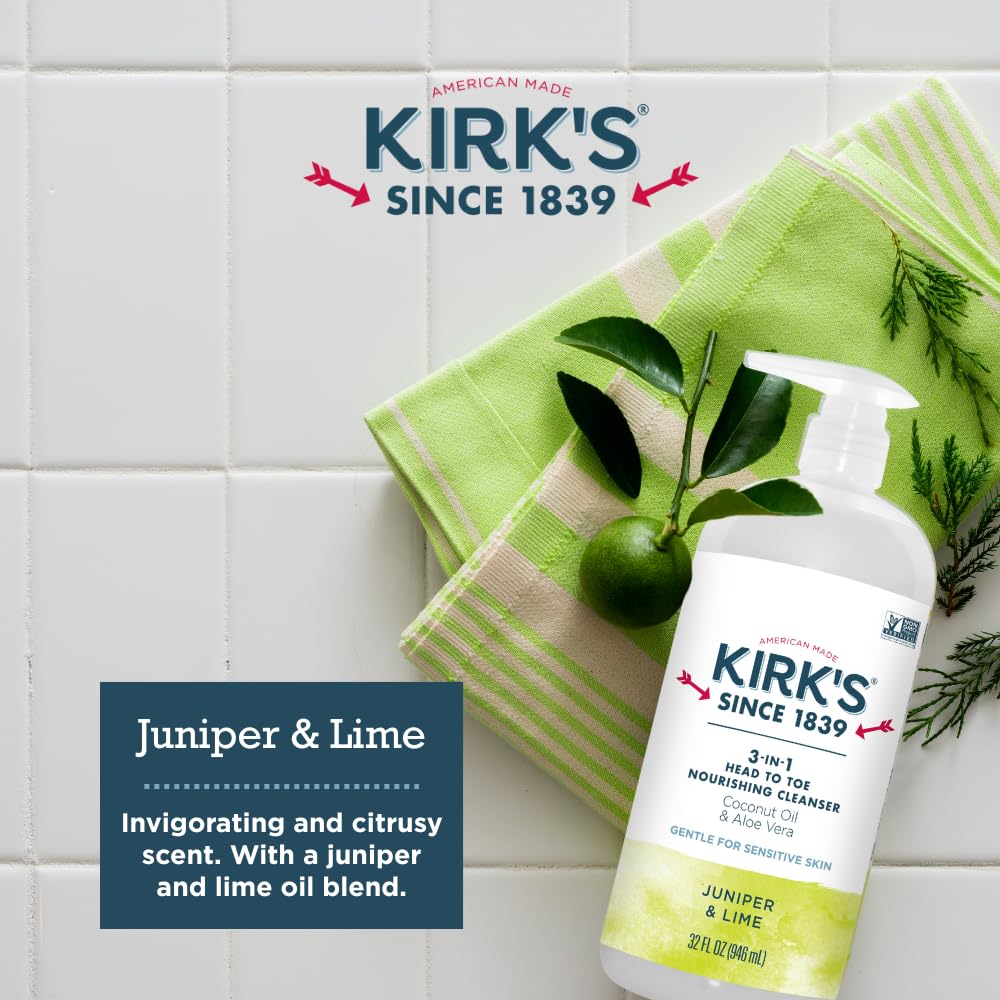 Kirk'S 3-In-1 Head To Toe Nourishing Liquid Cleanser- For Men, Women & Children - Premium Coconut Oil & Aloe Vera- Non Gmo & Vegan -Juniper & Lime - 32 Fl Oz : Beauty & Personal Care