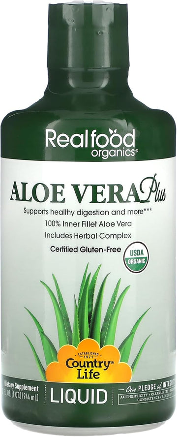 Country Life Realfood Organics Liquid Aloe Vera Plus - Supports Digestive Health & Immune System - With Slippery Elm, Ginger, Turmeric, Peppermint - Organic Activaloe, Qmatrix Process - 32 Oz