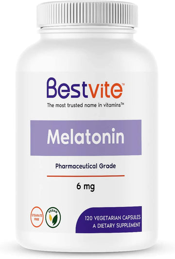 BESTVITE Melatonin 6 mg - 120 Veg Caps - No Stearates - No Sucralose, No Dextrose, No Silicon Dioxide, No Mannitol - Vegan - Non-GMO - Gluten-Free