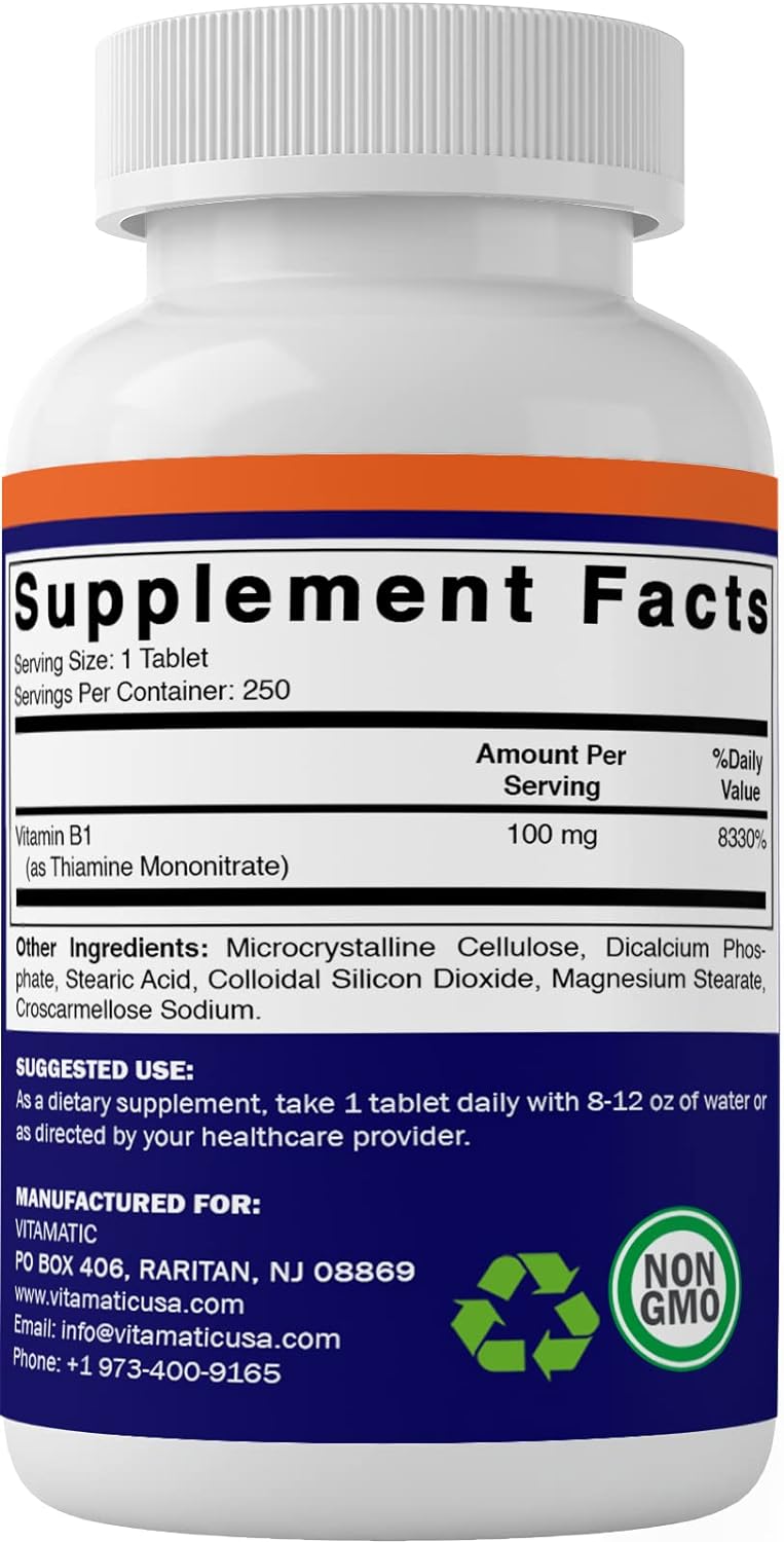 Vitamatic Vitamin B1 (As Thiamine Mononitrate) 100 mg - 250 Vegetarian Tablets : Health & Household