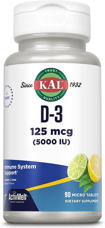 Kal Vitamin D-3 5000 Iu Activmelt, Instant Dissolve, Natural Lemon Lime Flavor, Healthy Immune Function & Bone Support, 90 Servings, 90 Micro Tablets