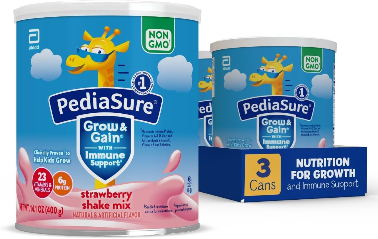 Pediasure Grow & Gain With Immune Support Shake Mix Powder, 23 Vitamins And Minerals, 6G Protein, Helps Kids Catch Up On Growth, Non-Gmo, Gluten-Free, Strawberry, 14.1-Oz Can, 3 Cans—24 Servings