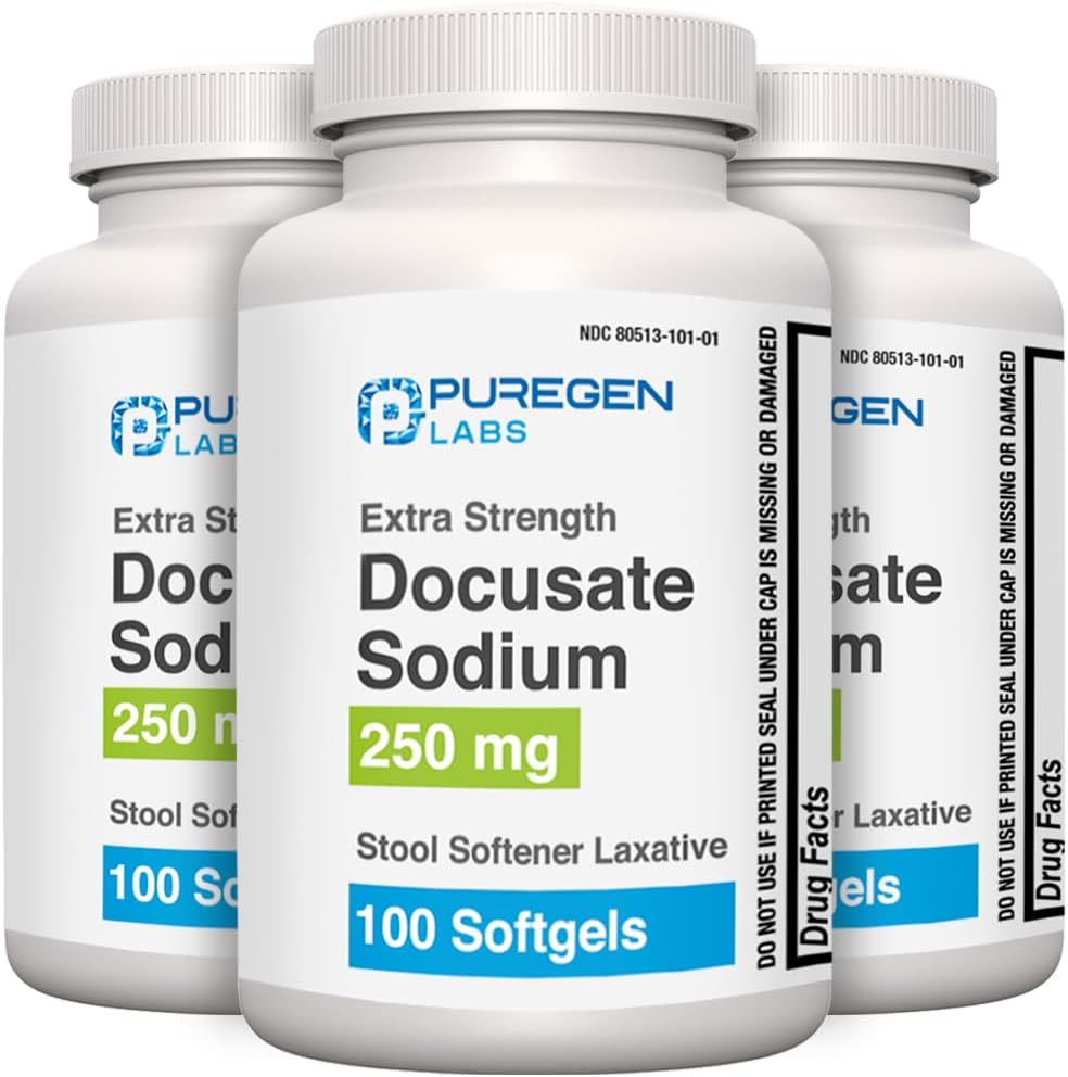 Puregen Labs Docusate Sodium 250mg Stool Softener Laxative | Gentle Constipation Relief | Extra Strength | Stimulant Free Total 300 softgels