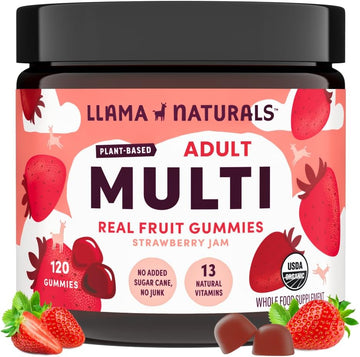 Llama Naturals Real Fruit Gummy Vitamins For Adults, No Added Sugar Cane, Whole Food Multivitamin Gummies For Women And Men, Vegan, Organic, Plant Based, Chewable, 120 Count (30 Day Supply) Strawberry
