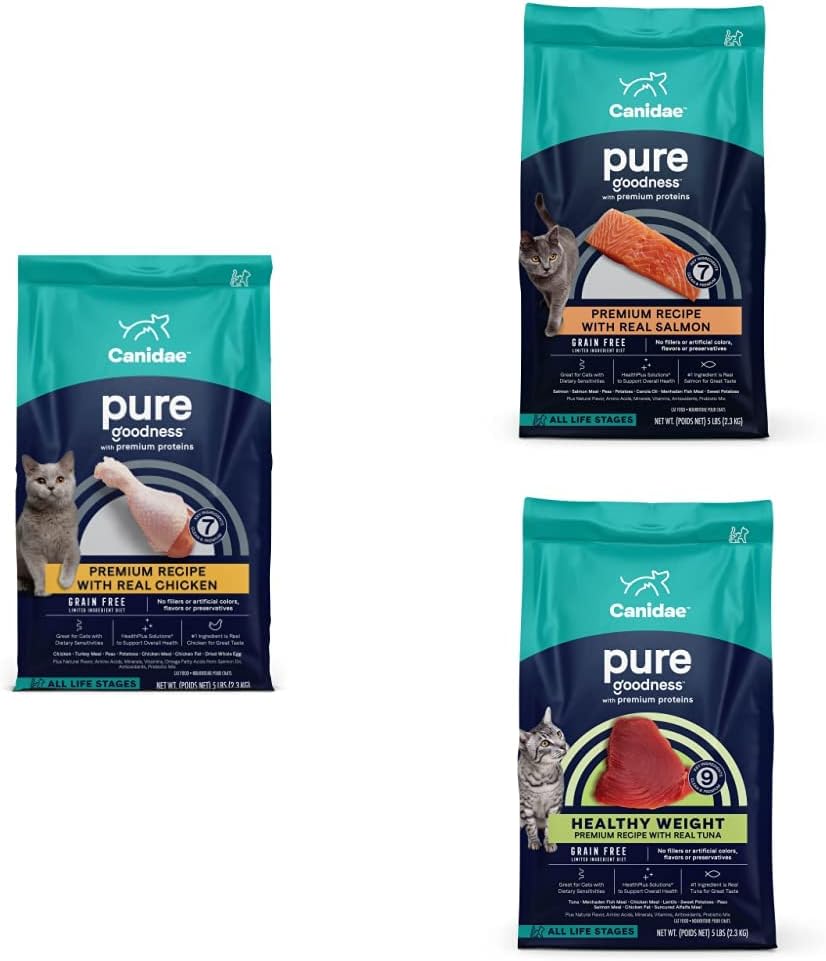 Canidae Pure Limited Ingredients Premium Dry Cat Food Bundle, Chicken, Salmon And Healthy Weight Tuna Recipes, 5 Pounds (Pack Of 3), Grain Free