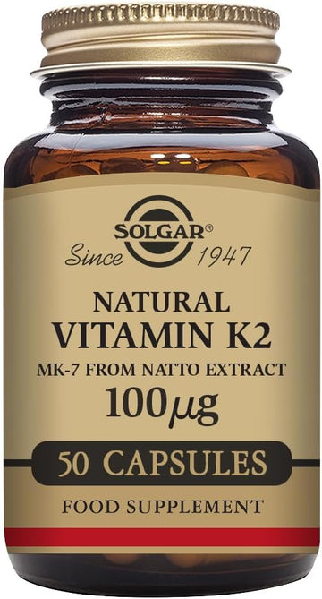 Solgar Vitamin K2 Mk7 100Mcg Vegetable Capsules Supports Bone Health Natural Whole Food Source From Natto Extract Nongmo Gluten Free Servings, Original, 50 Count