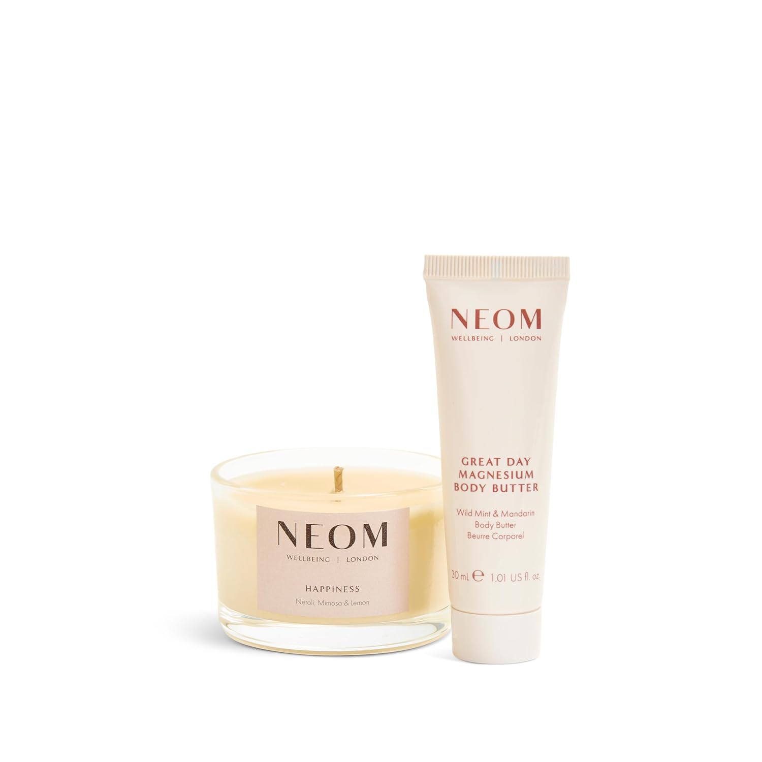 Neom- Feel Good Mood Boost Duo Gift Set | Happiness Scented Candle & Great Day Magnesium Body Butter : Beauty & Personal Care