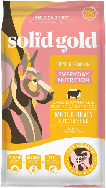 Solid Gold Hund N Flocken - Dry Dog Food w/Lamb, Rice & Pearled Barley - Digestive Probiotics for Dogs - Gut Health & Immune Support - Omega 3, Superfoods & Antioxidants - 4 LB