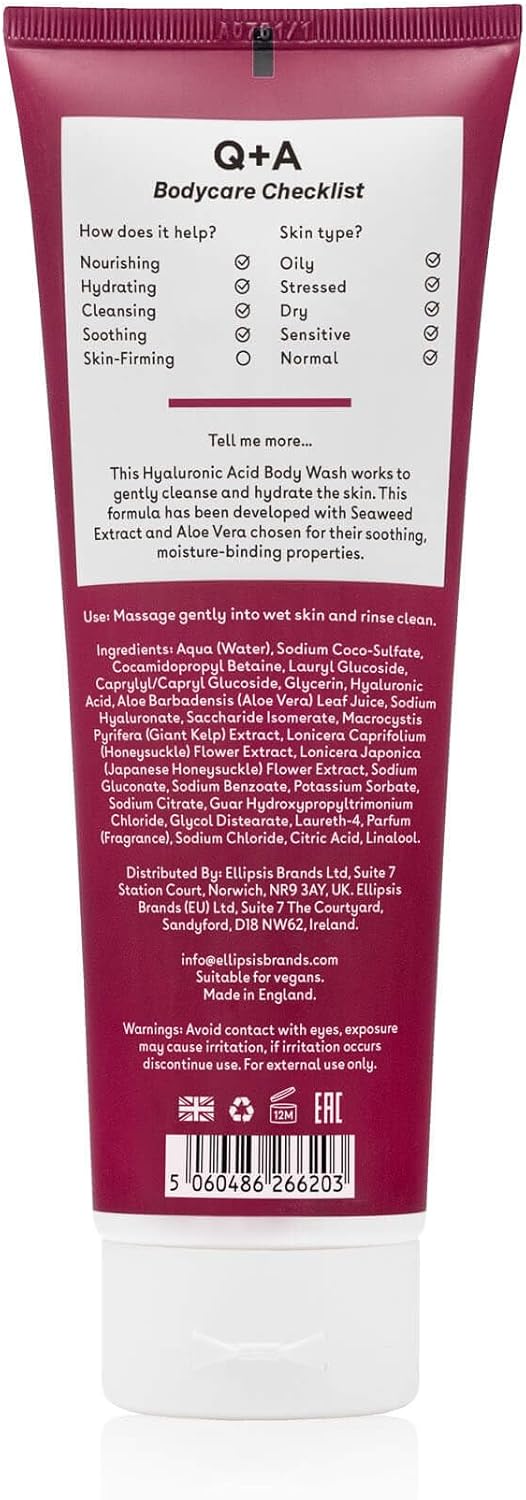 Q+A Hyaluronic Acid Body Wash (250Ml), Nourishing Body Care, Sensitive Shower Gel, Gel Cleanser For Sensitive Skin, Deep Moisture With Saccharide Isomerate, Fresh Apple & Avocado Scent