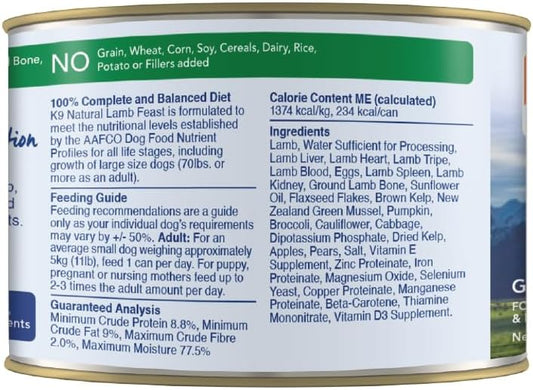 K9 Natural - Bpa & Gelatin Free Canned Dog Food - Lamb, 6Oz (12 Pack)