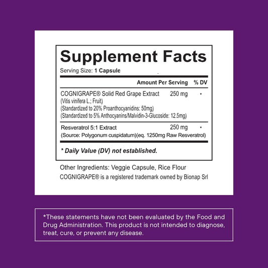 Resveratrol Complex Supplement 1500Mg With Clinically Tested Cognigrape Red Grape Extract 20% Proanthocyanidins - Antioxidant & Brain Health Support - 90 Veggie Capsules, Non-Gmo, Gluten-Free, Vegan
