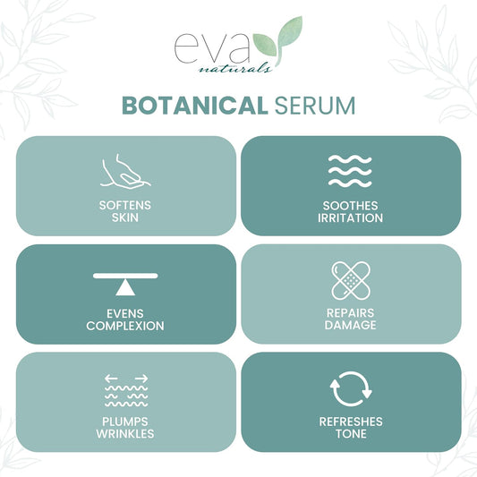 Botanical Anti-Aging Serum for Face – All Natural, Plant-Based Facial Serum + Organic Jojoba Oil, Rosehip Seed Oil, and Vitamin E Oil for Skin Plumps, Protects, Restores by Eva Naturals, 30 ml