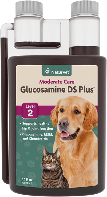 NaturVet Glucosamine DS Plus Hip & Joint Support Liquid Pet Supplement – Level 2 Moderate Care for Dogs & Cats – Includes Glucosamine, MSM, Chondroitin – 32 Oz
