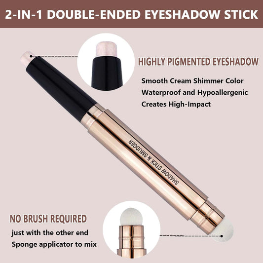 2 In 1 Champagne Gold Shimmer Eyeshadow Stick Eyeliner Pencil Cream Shimmer Smooth Eyeshadow Pencil Waterproof Hypoallergenic Long Lasting Eye Shadow Pen Multi-Dimensional Eyes Look