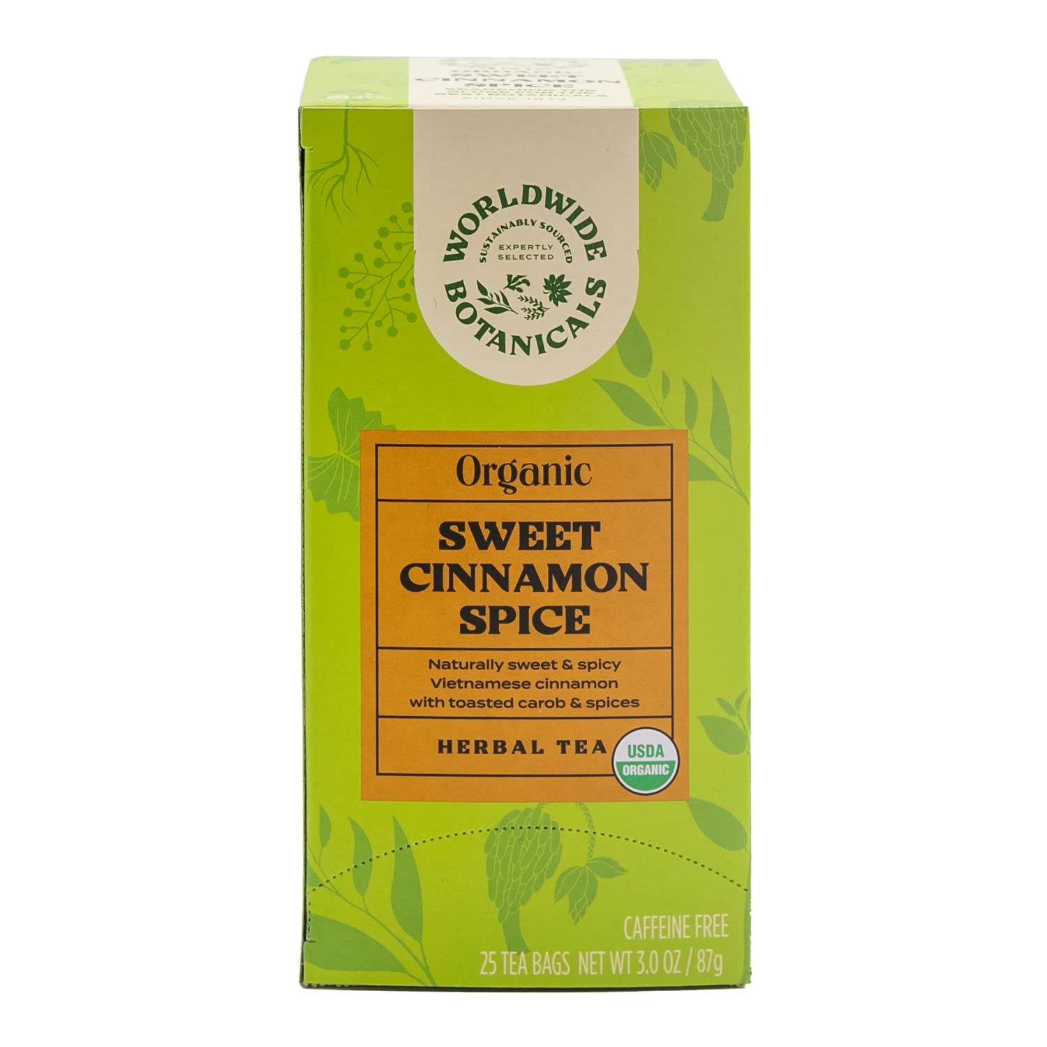 Worldwide Botanicals Sweet Cinnamon Spice Herbal Tea, 25 Tea Bags - Organic, Caffeine Free, Kosher, Naturally Sweet, 50% More Herbs