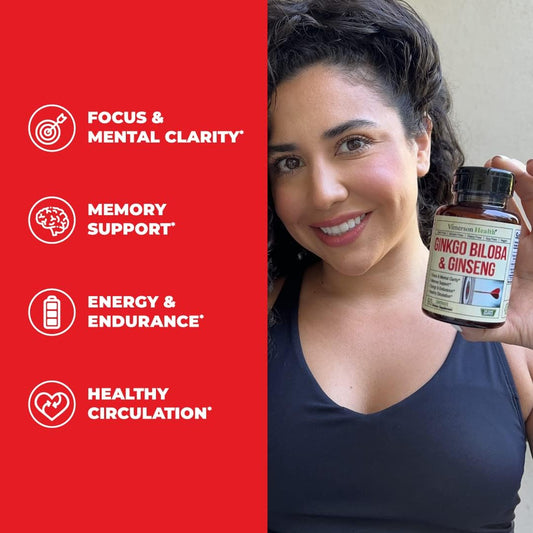 Ginseng + Ginkgo Biloba Supplements. Extra Strength Nootropics Brain Support Supplement for Memory & Focus with Panax Ginseng Root Extract Powder 800mg + Gingko 600mg + Ginkgo Biloba Extract 120mg