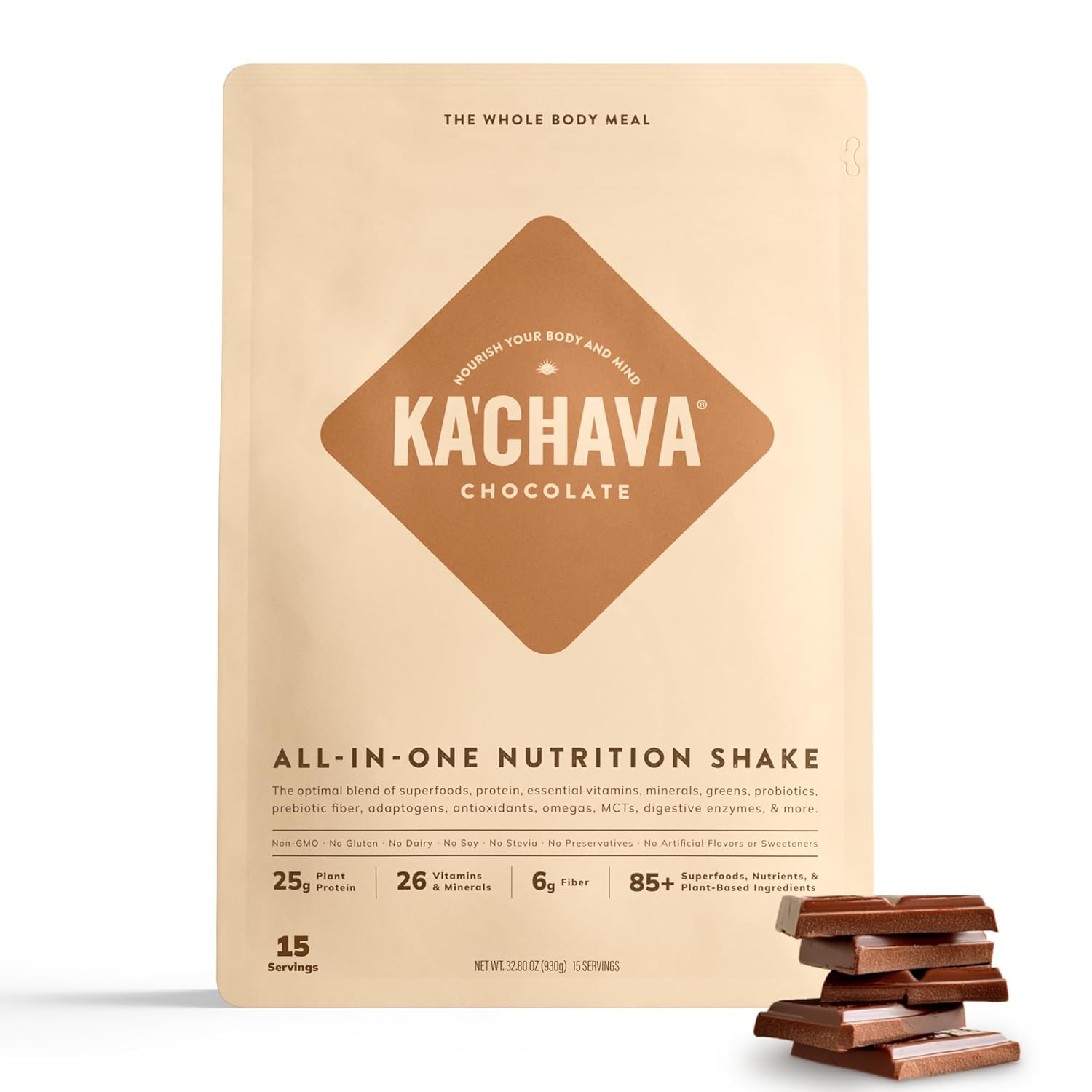 Ka’Chava All-In-One Nutrition Shake Blend, 85+ Superfoods & Nutrients, Meal Replacement, Greens Plant-Based Superfood Powder Protein Drink, Digestive Enzymes & Probiotics, Vegan Dairy Gluten Free, 2Lb