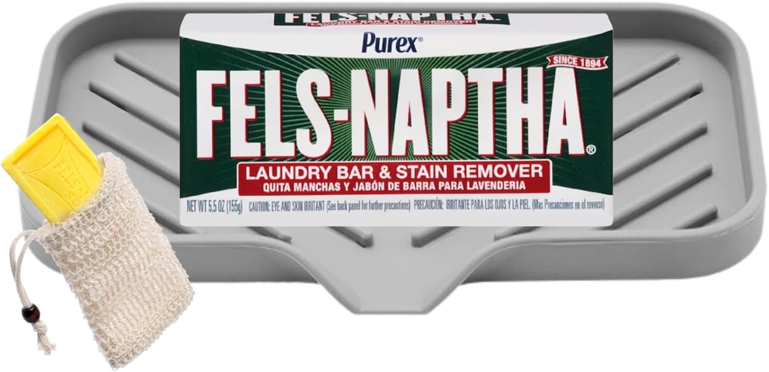 Fels Naptha Laundry Detergent Bar 5 Ounce - Your Ultimate Bundle Kit Fels Naptha Laundry Bar Soap and Stain Remover with Silicone Soap Holder, Sisal Bag, and Purex Fels Naptha Bar 5 Ounce