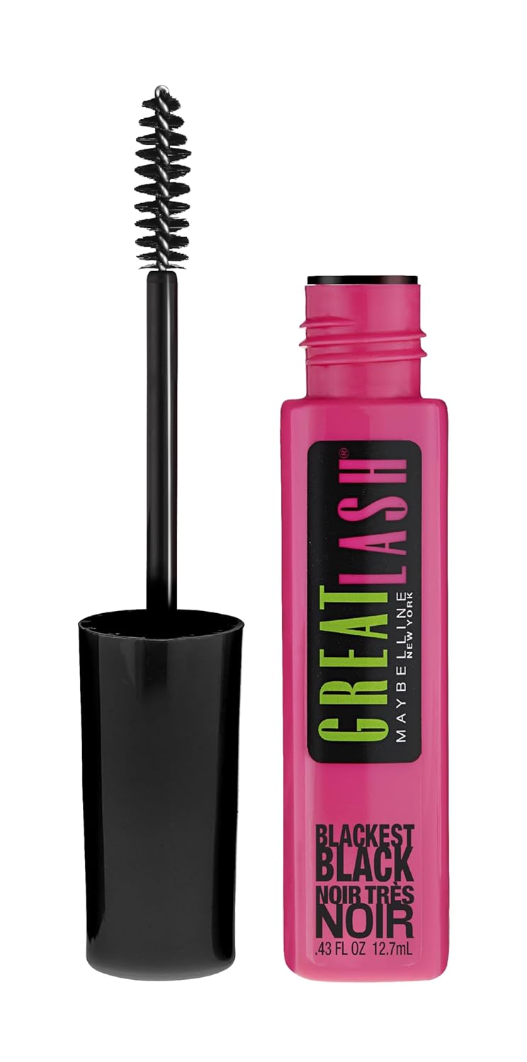 Maybelline Great Lash Washable Mascara Makeup, Volumizing Lash-Doubling Formula That Conditions As It Thickens, Blackest Black, 1 Count