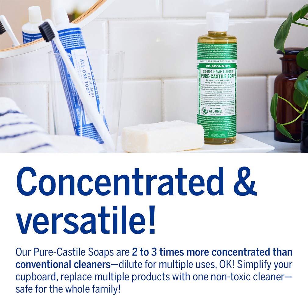 Dr. Bronner's - Pure-Castile Liquid Soap (Almond, 8 ounce) - Made with Organic Oils, 18-in-1 Uses: Face, Body, Hair, Laundry, Pets and Dishes, Concentrated, Vegan, Non-GMO : Camping Soaps And Shampoos : Beauty & Personal Care