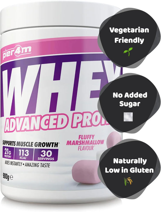 Per4M Protein Whey Powder | 30 Servings Of High Protein Shake With Amino Acids | For Optimal Nutrition When Training | Low Sugar Gym Supplements (Fluffy Marshmallow, 900G)