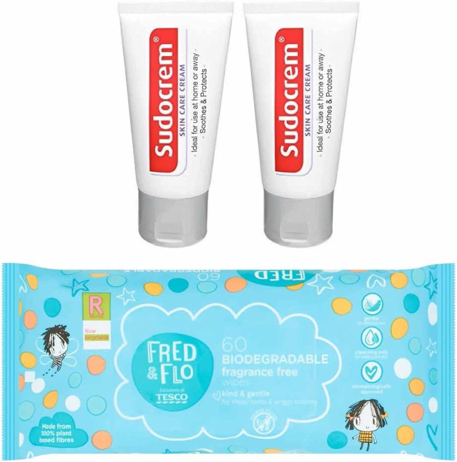 Set 2 Sudocrem Baby Skin Care Cream & 1 Pack Of Baby Wipes, Irritations, Spots, Rashes And Sores, Excellent For Baby Nappy Care, Soothes And Protects Skin Protectant