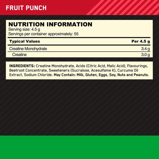 Optimum Nutrition Micronised Creatine Powder Flavoured, Fruit Punch – 3 G Creatine Monohydrate Per Serving, Muscle Fuel For High Intensity Training, 247.5 G, 55 Servings – Performance Support