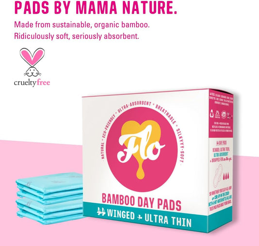 FLO Bamboo Pads with Wings, Feminine Period Care, Organic Menstrual Products, Plant-Based, Sanitary Napkins for Women, Absorbent Pads, Unscented, Breathable, Black-Owned, 44 Day Pads Megapack